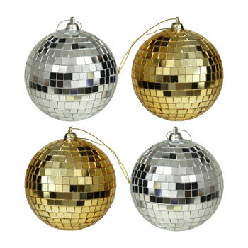 Kerstballen disco - 4x st - goud en zilver - 10 cm - kunststof - Kerstbal