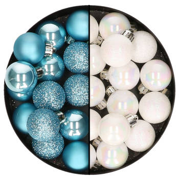 Kleine kerstballen - 28x st - parelmoer wit en ijsblauw - 3 cm - kunststof - Kerstbal