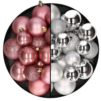 Kerstballen 60x stuks - mix oudroze/zilver - 4-5-6 cm - kunststof - Kerstbal