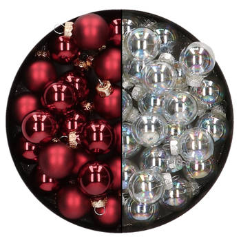 Mini kerstballen - 48x- transparant parelmoer/donkerrood - 2,5 cm - glas - Kerstbal