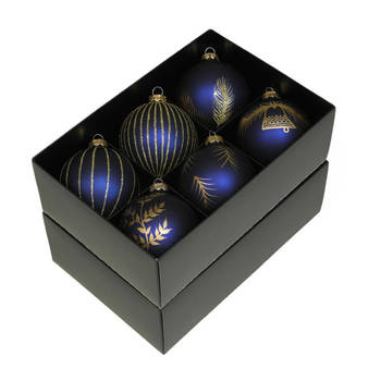 Othmar Decorations kerstballen - gedecoreerd - 12x - 8 cm - donkerblauw - Kerstbal