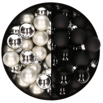Mini kerstballen - 48x st - zilver en zwart - 2,5 cm - glas - Kerstbal