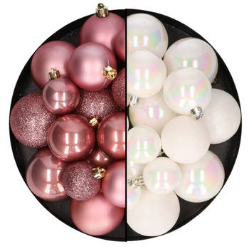 Kerstballen 60x stuks - mix oudroze/parelmoer wit - 4-5-6 cm - kunststof - Kerstbal