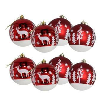 8x stuks gedecoreerde kerstballen rood kunststof 8 cm - Kerstbal