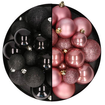Kerstballen 60x stuks - mix oudroze/zwart - 4-5-6 cm - kunststof - Kerstbal