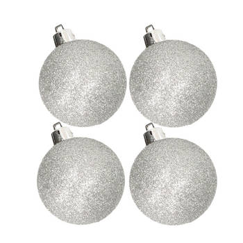 4x stuks kunststof glitter kerstballen zilver 10 cm - Kerstbal