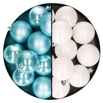 Kerstballen 24x stuks - mix winter wit en ijsblauw - 6 cm - kunststof - Kerstbal