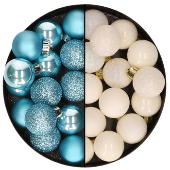 Kleine kerstballen - 28x st - wol wit en ijsblauw - 3 cm - kunststof - Kerstbal
