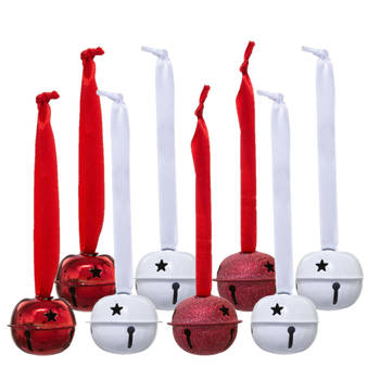 Feeric lights and christmas kerstbellen - 8x - metaal -wit/rood -D4 cm - Kersthangers