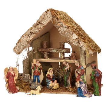 Complete kerststal met kerststal beelden -H26 cm - hout/mos/polyresin - Kerststallen