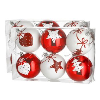 12x stuks gedecoreerde kerstballen rood en wit kunststof 6 cm - Kerstbal