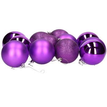 12x stuks kerstballen paars mix van mat/glans/glitter kunststof 8 cm - Kerstbal