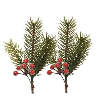 Decoris kersttak - 2x - groen met bes - 21.5 cm - voor kerststukjes - Decoratieve tak kerst