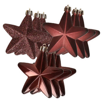 12x stuks kunststof sterren kersthangers mahonie bruin 7 cm - Kersthangers