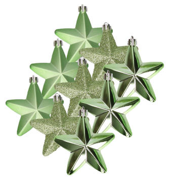 12x stuks kunststof sterren kersthangers groen 7 cm - Kersthangers