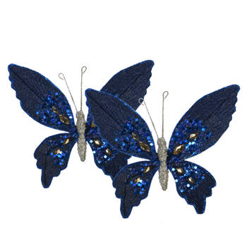 Decoris kerst vlinders op clip - 2x st - donkerblauw fluweel -15 cm - Kersthangers