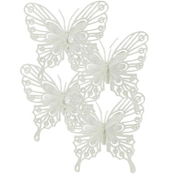 Decoris kerstversiering vlinders op clip - 4x -wit - 13 cm - glitter - Kersthangers
