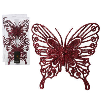 Decoris kerst vlinders op clip - 4x -donkerrood - 13 cm - glitter - Kersthangers