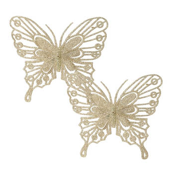 Decoris kerst vlinders op clip - 2x stuks -champagne - 13 cm - glitter - Kersthangers