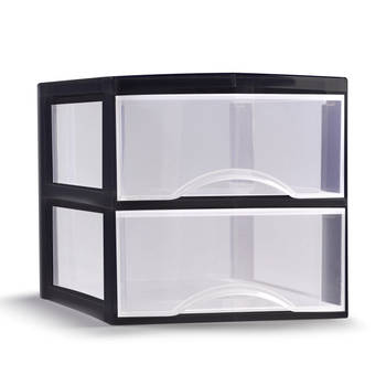 Plasticforte Ladeblokje/bureau organizer 2x lades - transparant/zwart - L26 x B36 x H25 cm - Ladeblok