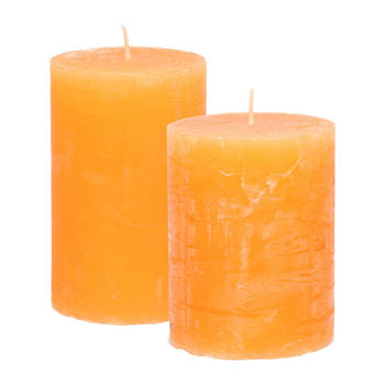 Stompkaarsen/cilinderkaarsen set - 2x - oranje - rustiek model - Stompkaarsen