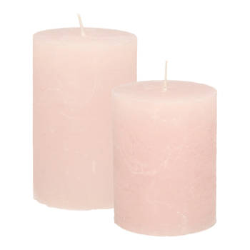 Stompkaarsen/cilinderkaarsen set - 2x - licht roze - rustiek model - Stompkaarsen