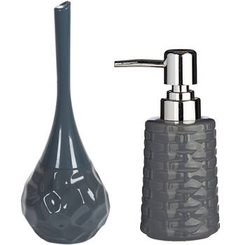 Toilet spullen set - Toiletborstel met zeeppompje - keramiek - grijs - Badkameraccessoireset