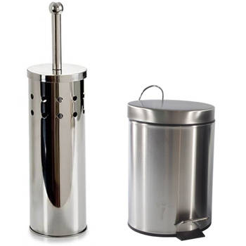 Toiletborstel houder zilver rvs 38 cm met pedaalemmer 3 liter - Badkameraccessoireset
