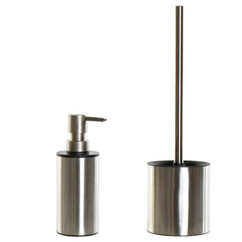 Toiletborstel houder zilver/zwart 37 cm met zeeppompje 300 ml metaal - Badkameraccessoireset