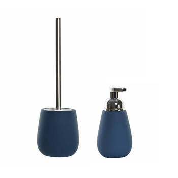 Toiletborstel met houder 39 cm en zeeppompje 280 ml keramiek donkerblauw - Badkameraccessoireset