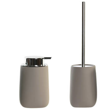 Toiletborstel in houder 41 cm met zeeppompje 14 cm taupe/beige - Badkameraccessoireset