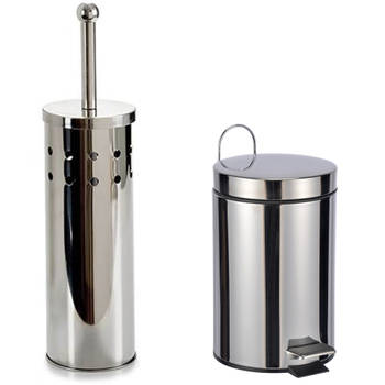Toiletborstel houder zilver rvs 38 cm met pedaalemmer 3 liter - Badkameraccessoireset