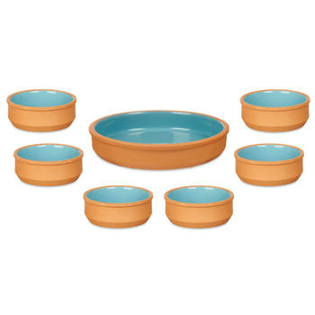 Set 7x tapas/creme brulee schaaltjes - terra/blauw - 6x 12 cm/1x 23 cm - Snack en tapasschalen