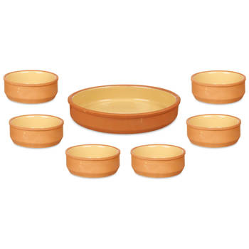 Set 7x tapas/creme brulee schaaltjes - terra/geel - 6x 12 cm/1x 23 cm - Snack en tapasschalen