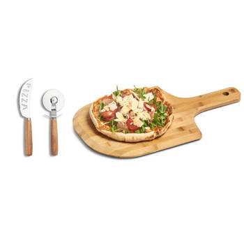 Houten pizza snijplank/bord 53 cm met pizzasnijder set - Snijplanken