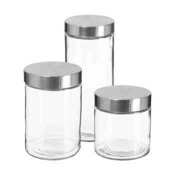 Set van 3x keuken voorraadbussen/potten glas RVS deksel - 3 formaten - Voorraadpot