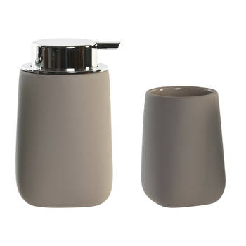 Badkamer accessoires setje drinkbeker en zeeppompje 14 cm taupe - Zeeppompjes