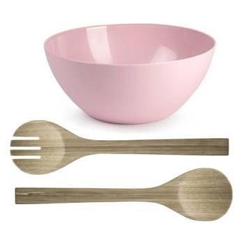 Salade/fruit serveer schaal - roze - kunststof - Dia 25 cm - incl. bamboe Sla couvert/bestek - Serveerschalen