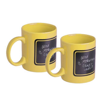 Luxe krijt koffiemok/beker - 2x - geel - keramiek - met zwart schrijfvlak - 350 ml - Bekers