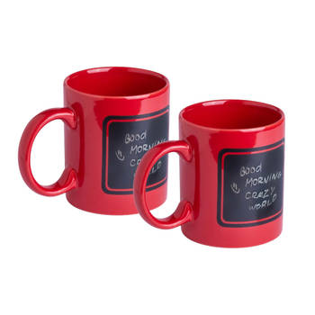 Luxe krijt koffiemok/beker - 2x - rood - keramiek - met zwart schrijfvlak - 350 ml - Bekers