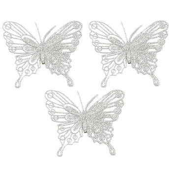House of Seasons kerst vlinders op clip - 3x st - zilver glitter - 10 cm - Kersthangers
