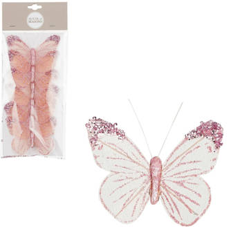 House of Seasons kerst vlinders op clip - 6x stuks - roze/wit - 10 cm - Kersthangers