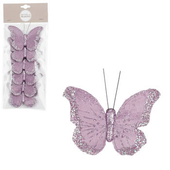 House of Seasons kerst vlinders op clip - 6x st - lila paars - 10 cm - Kersthangers