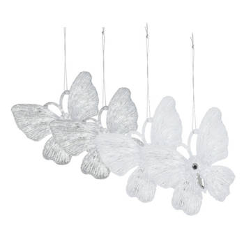 Kersthangers vlinders -4x-transparant en wit -15cm -kunststof - Kersthangers
