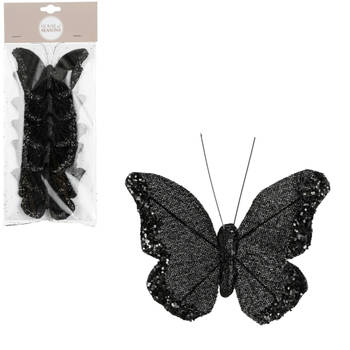 House of Seasons kerst vlinders op clip - 6x st- zwart glitter - 10 cm - Kersthangers