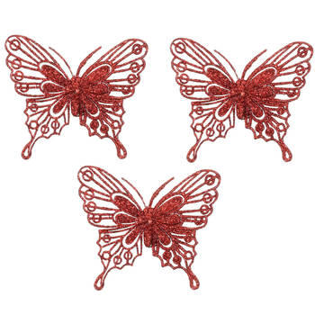 House of Seasons kerst vlinders op clip - 3x st - rood glitter - 10 cm - Kersthangers