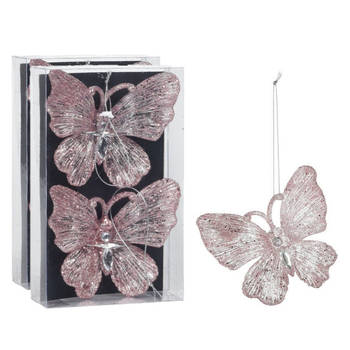 Christmas Decoration kersthangers vlinders - 4x -transparant/roze 15 cm - Kersthangers