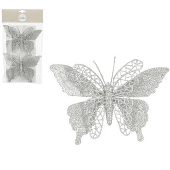 House of Seasons kerst vlinders op clip - 2x st - zilver glitter - 16 cm - Kersthangers