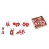 6x stuks houten kersthangers rood/wit wintersport thema kerstboomversiering - Kersthangers