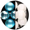 Decoris kerstballen - 12x st - 8 cm - wit en blauw - kunststof - Kerstbal